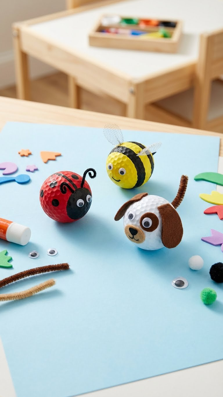 Golf Ball Crafts For Father'S Day: Ultimate Kid-Made Gifts Top-Down Flat Lay Of Playful Golf Ball Animal Crafts Including A Ladybug, Bumblebee, And Dog On Light Blue Craft Paper.