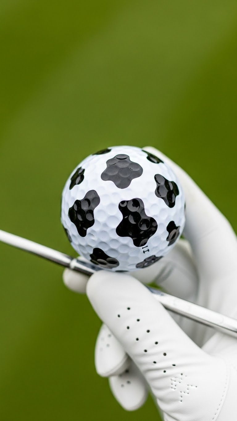 Top-Down View Of A Golf Ball With Black And White Cow Print Pattern Resting On A White Golf Glove Against Soft Green Putting Green Background