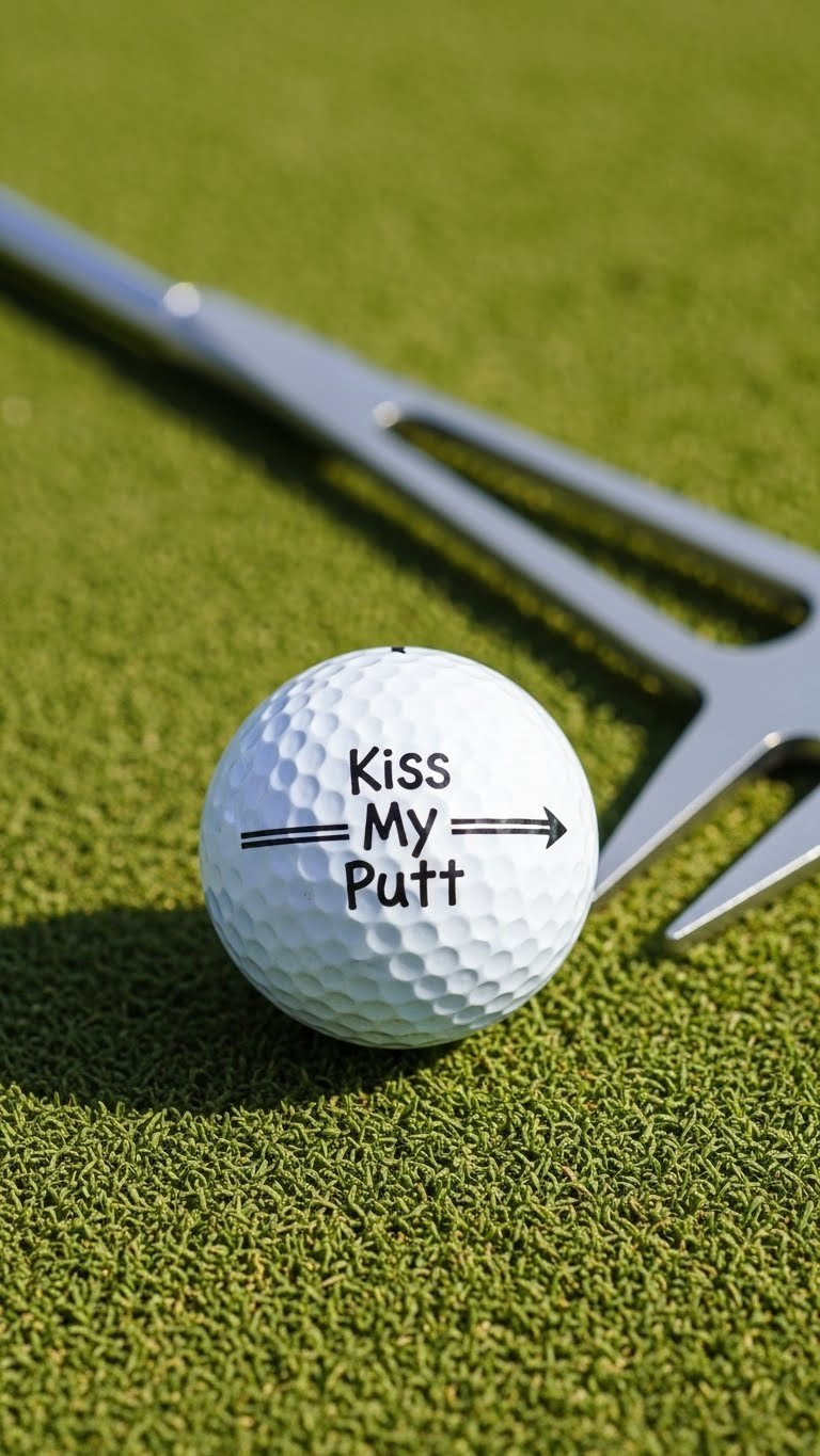 Top-Down View Of Golf Ball With 'Kiss My Putt' Sharpie Design And Alignment Line On Manicured Putting Green With Divot Tool