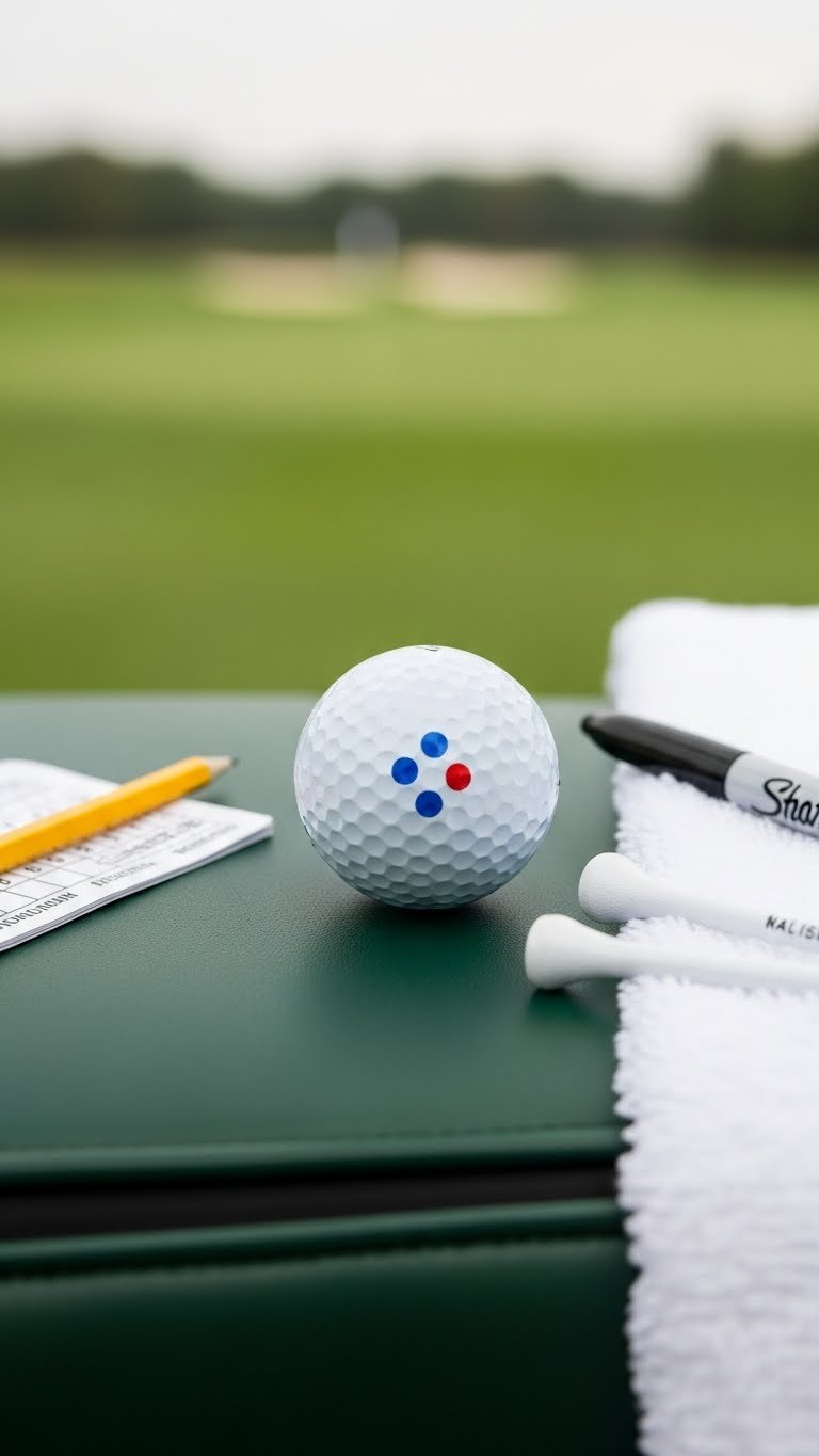 Top-Down View Of Golf Ball With Multi-Dot Pattern In Black Sharpie On Dark Green Cart Seat Against Blurred Fairway Background.