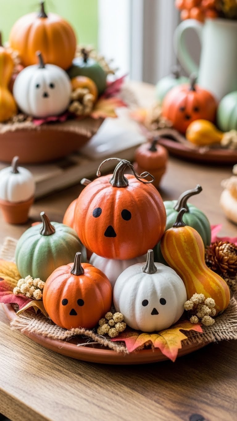 Top-Down View Of Miniature Golf Ball Pumpkin Patch Display With Decorative Gourds And Autumn Foliage Arrangement