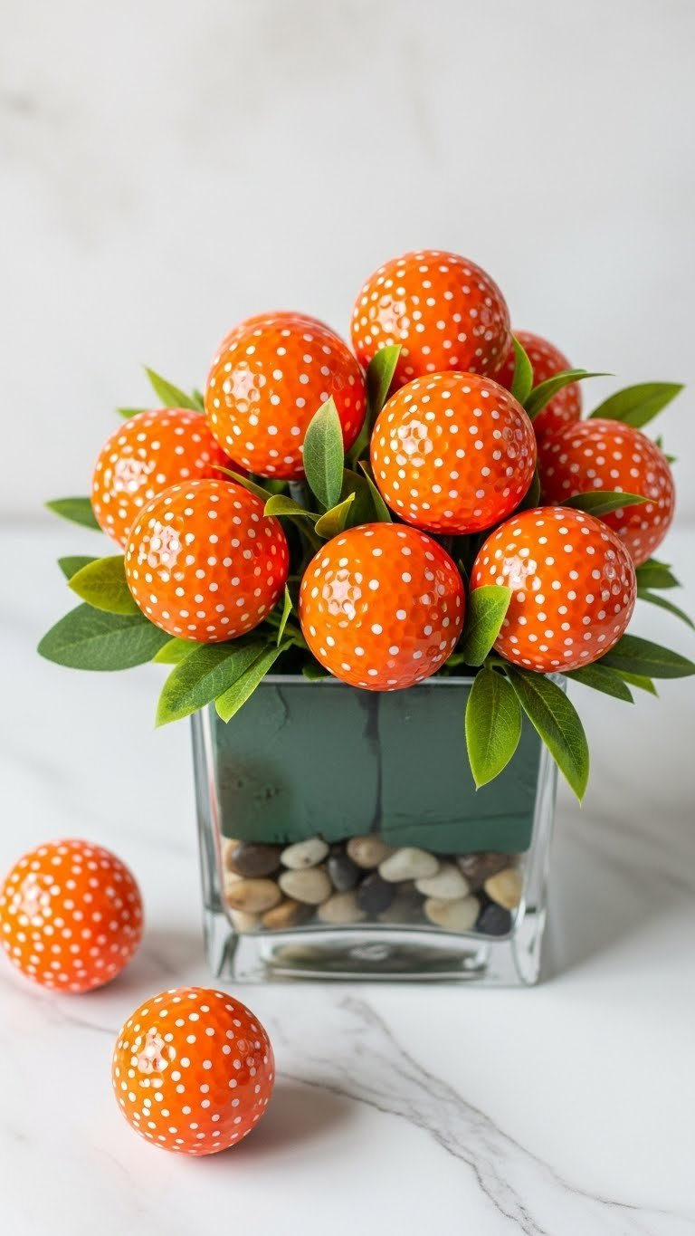 Top-Down View Of Vibrant Orange And White Polka Dot Golf Ball Centerpiece In A Clear Glass Vase With Greenery On Marble.