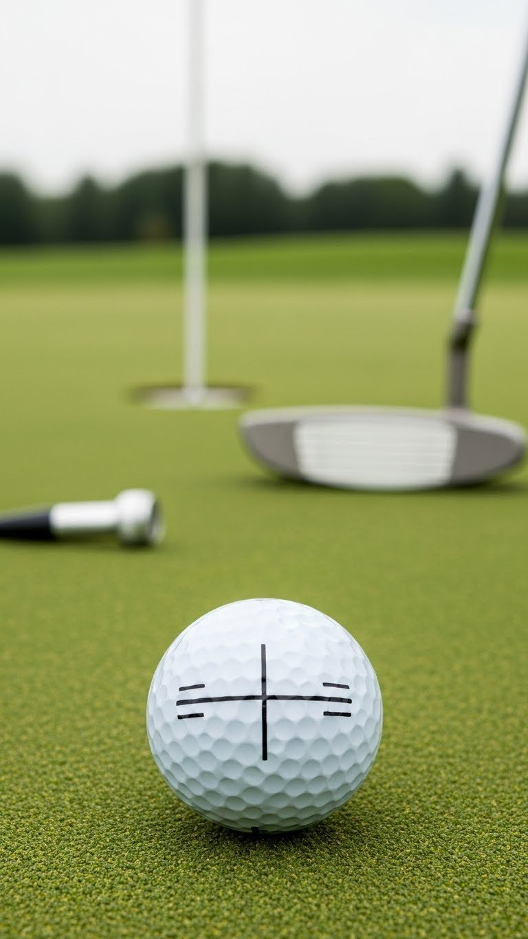 Top-Down View Of White Golf Ball With Precise Black Alignment Line Markings On Putting Green Near Golf Hole