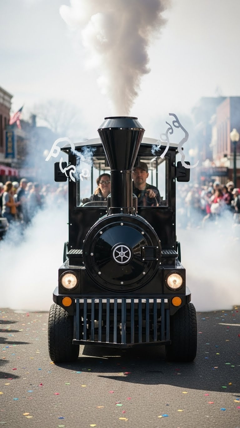 Train-Themed Golf Cart Emitting Theatrical Fog From Smoke Stack With Motion Effects On Parade Route