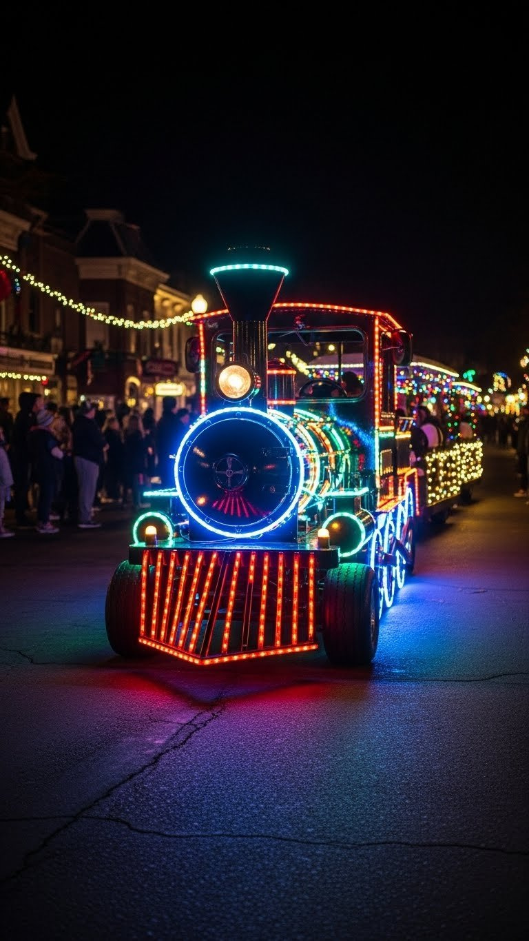 Train-Themed Golf Cart Glowing With Vibrant Multi-Colored Led Lights Against Dark Night-Time Parade Backdrop