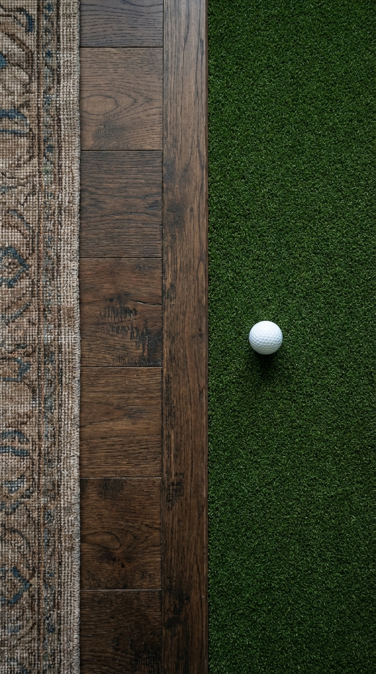 Speak Easy Golf Simulator Room Design Guide For Luxury Homes Transition Between Dark Hardwood Flooring And Artificial Turf In Dual-Purpose Golf Simulator Room