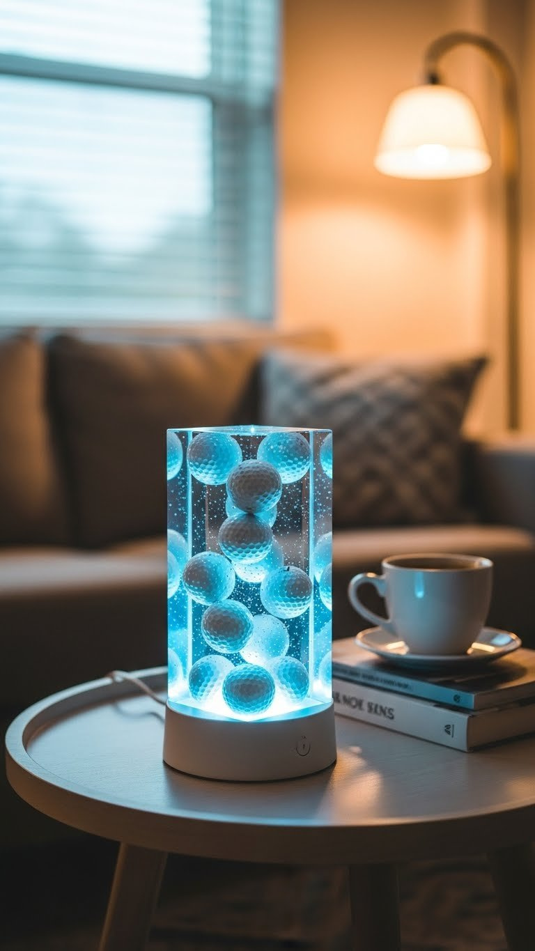 Translucent Blue Epoxy Resin Lamp With Illuminated Golf Balls Casting Soft Led Glow On Modern Side Table