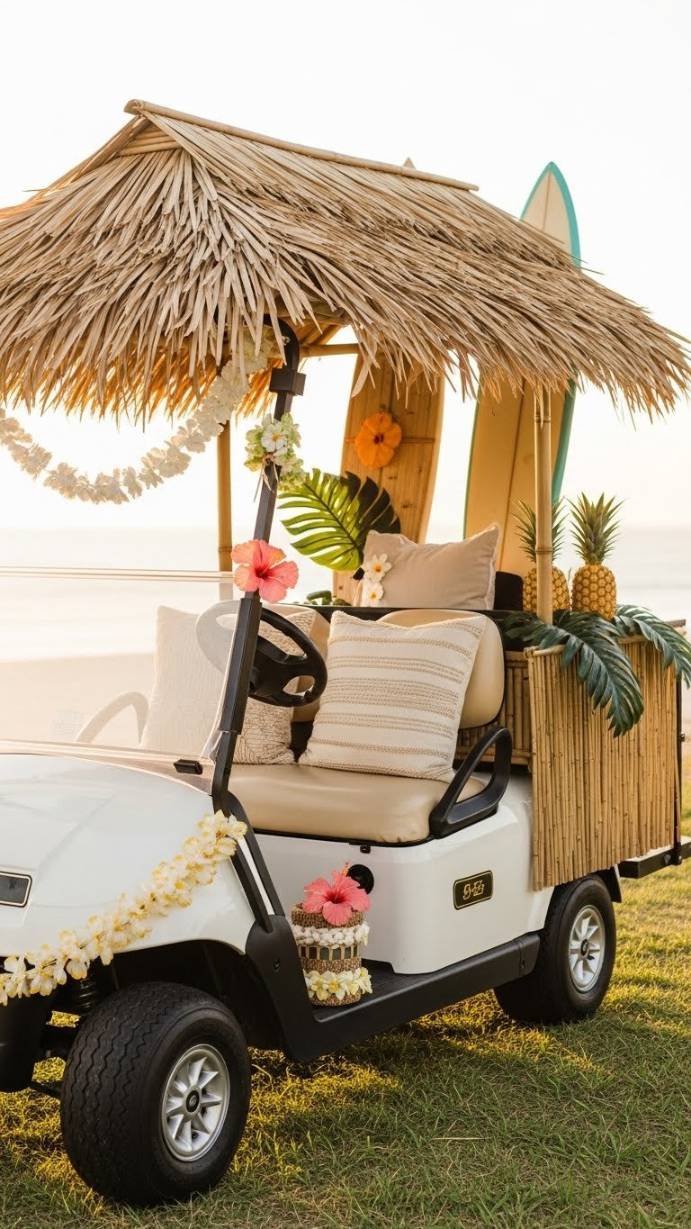 Tropical Luau Golf Cart With Thatched Roof And Bamboo Accents Decorated With Leis Against Soft Beach Background