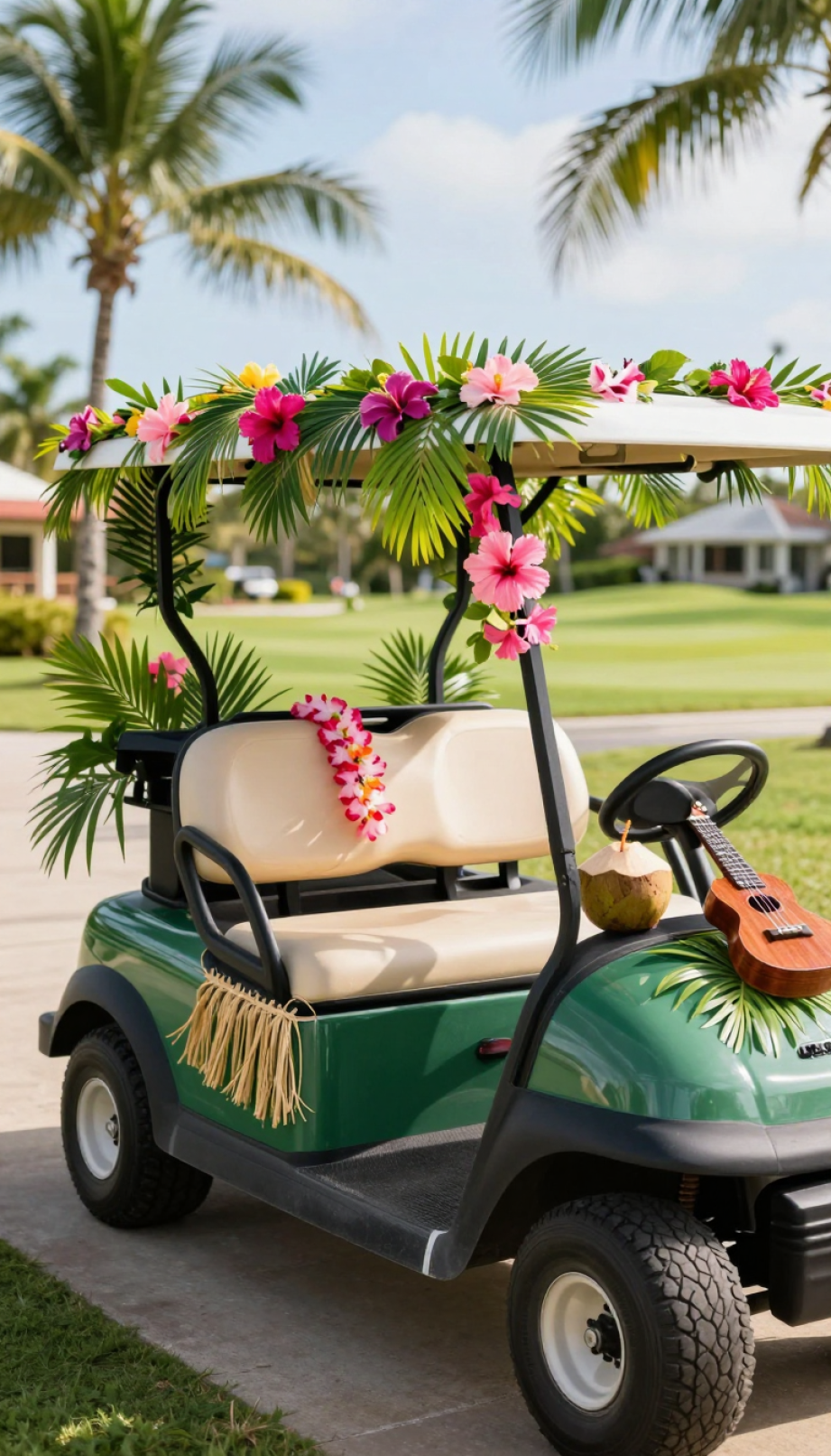 Tropical Luau-Themed Golf Cart Decorated With Palm Fronds, Hibiscus Flowers, And Raffia Skirting Against Soft Bokeh Golf Course Background