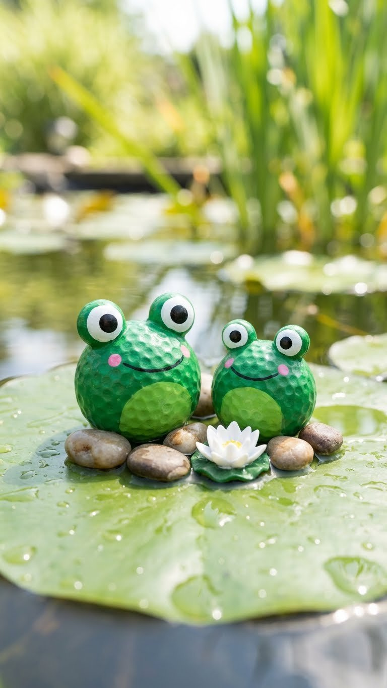 Two Charming Green Plastic Golf Ball Frogs With Googly Eyes Sit On A Lily Pad, Observing Blurred Pond Water And Lush Reeds.