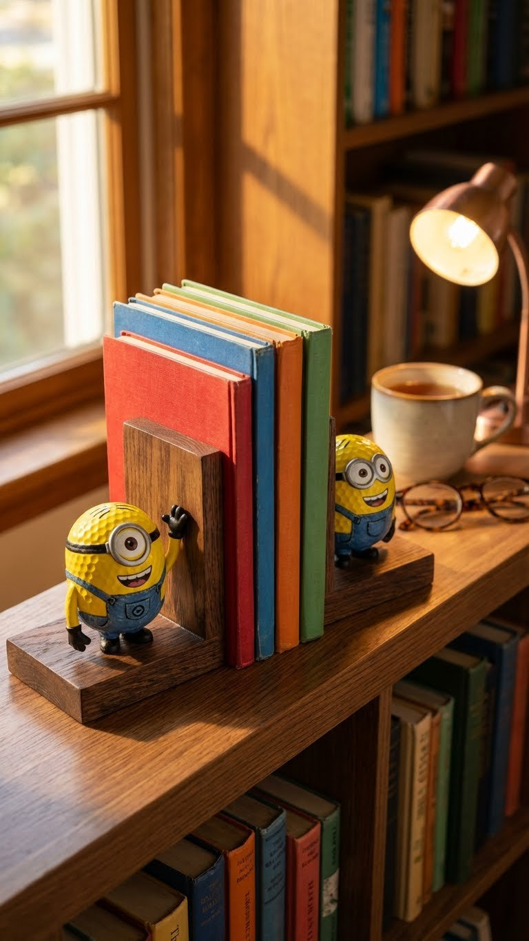 Minion Golf Ball Crafts: 11 Unique Diy Ideas &Amp; Designs Two Heavy-Based Minion Golf Ball Bookends With Cheerful Expressions Holding Colorful Books On A Stylish Bookshelf, Perfect For Home Decor.