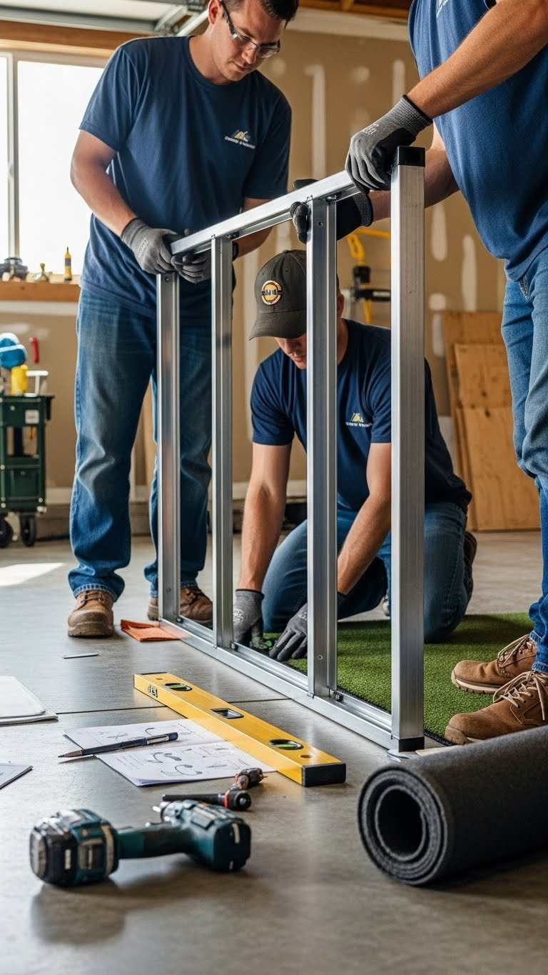 Two People Assembling Metal Frame Of Golf Simulator Enclosure In Garage With Tools And Rolled-Up Impact Screen