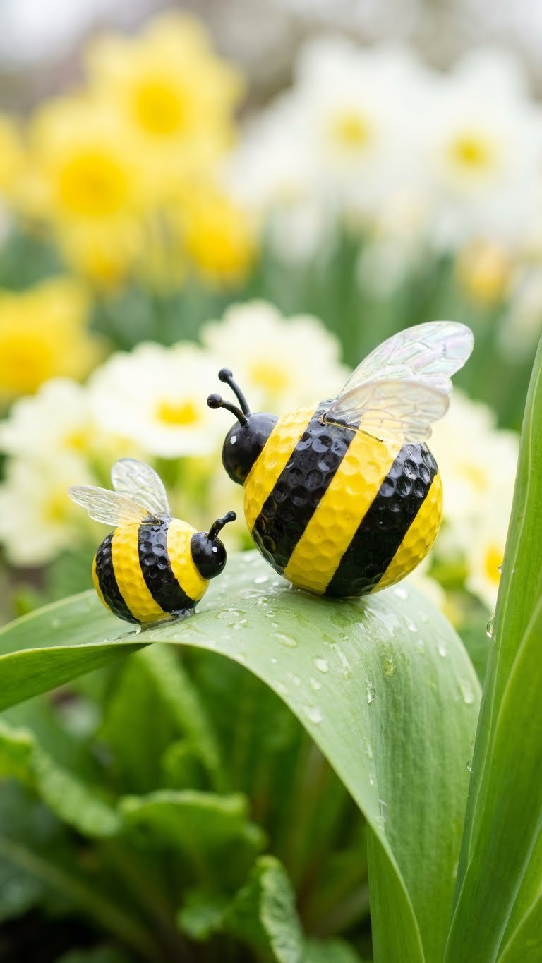 Two Plastic Golf Ball Bumblebees With Yellow And Black Stripes And Iridescent Wings Rest On A Green Leaf With Blurred Garden Flowers.