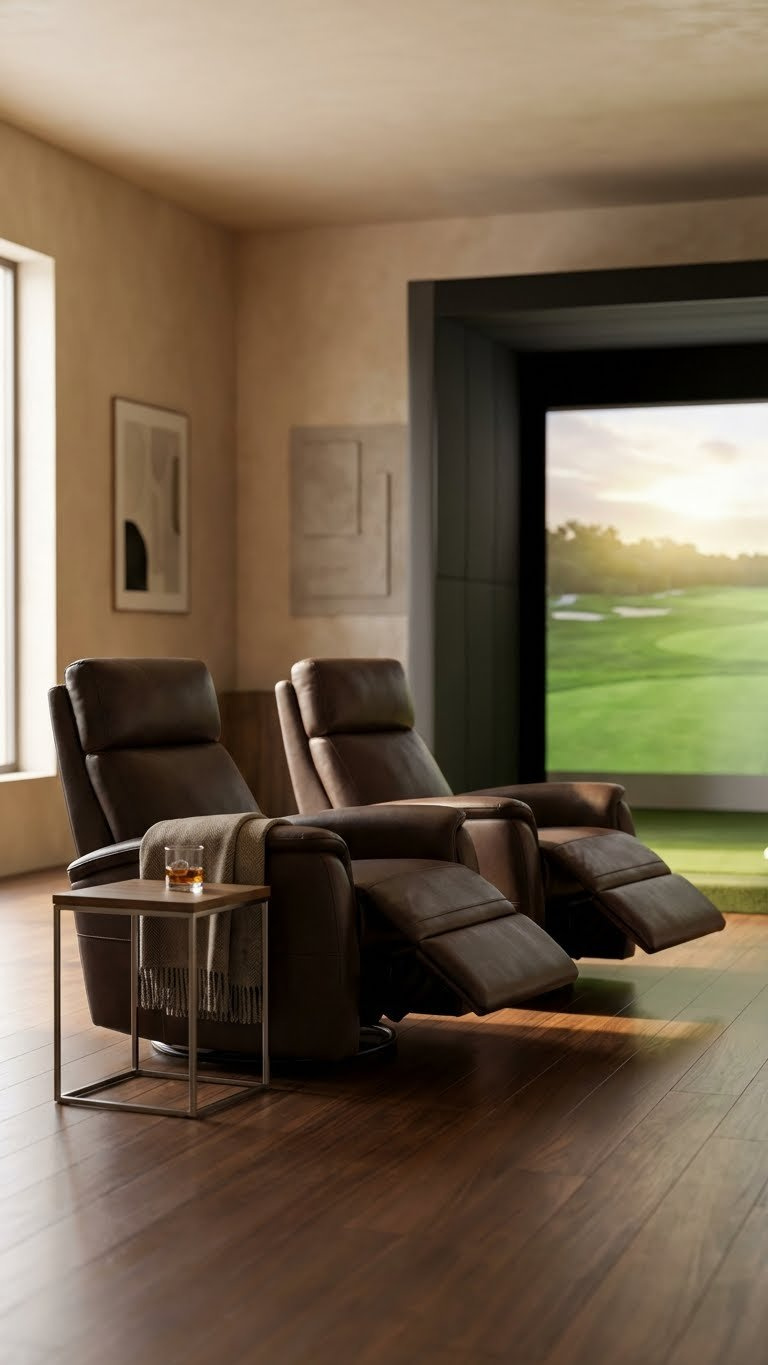 7 Spectator Seating Ideas For Your Home Golf Simulator Room Two Plush Leather Power-Recline Armchairs With A Whiskey Glass And Blanket Face A Golf Simulator Screen, Creating A Luxurious Setup.