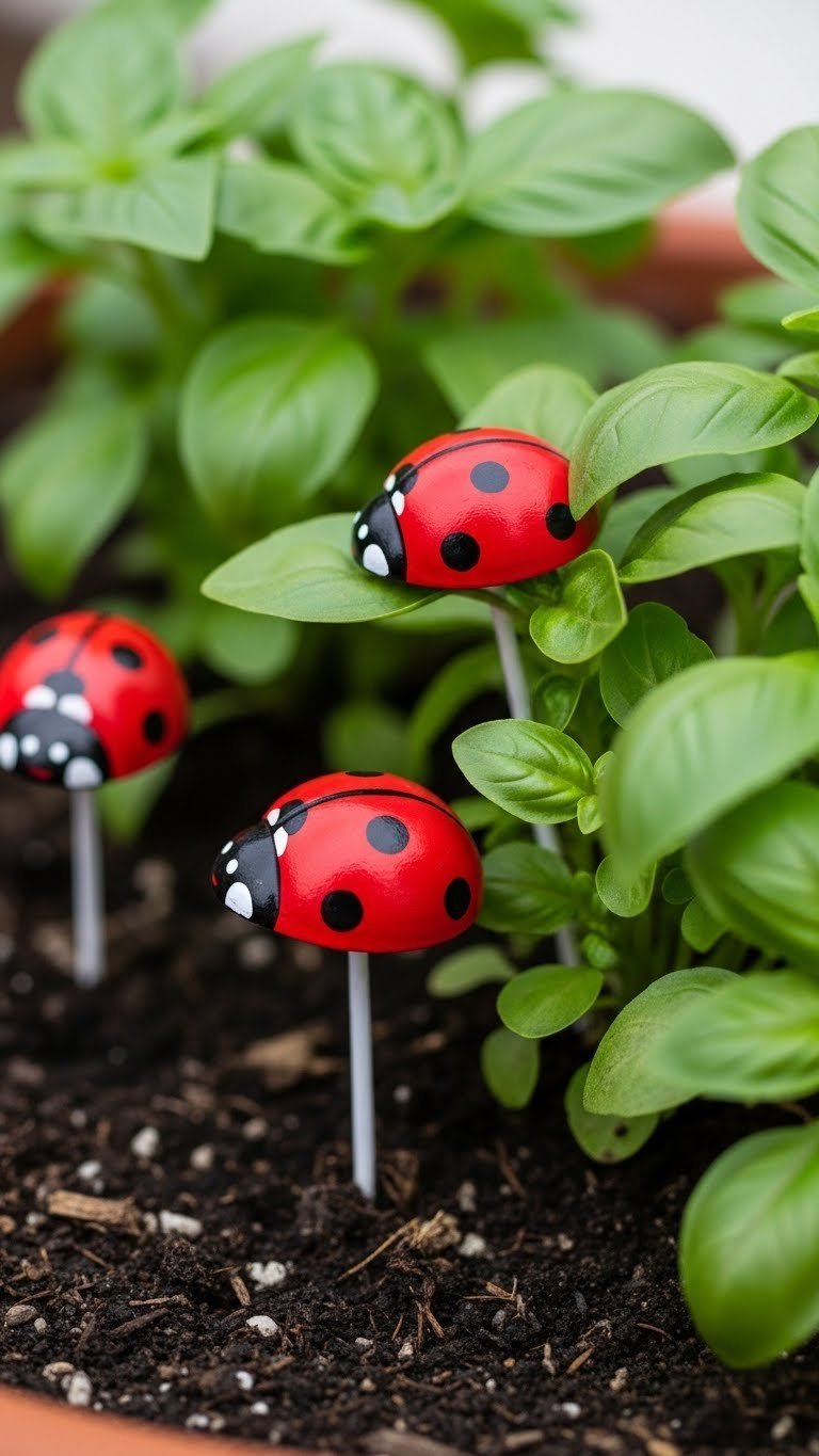 Two Red Golf Ball Ladybugs With Black Spots Nestled In Dark Potting Soil At The Base Of Lush Green Basil Plants, Serving As Charming Garden Markers.