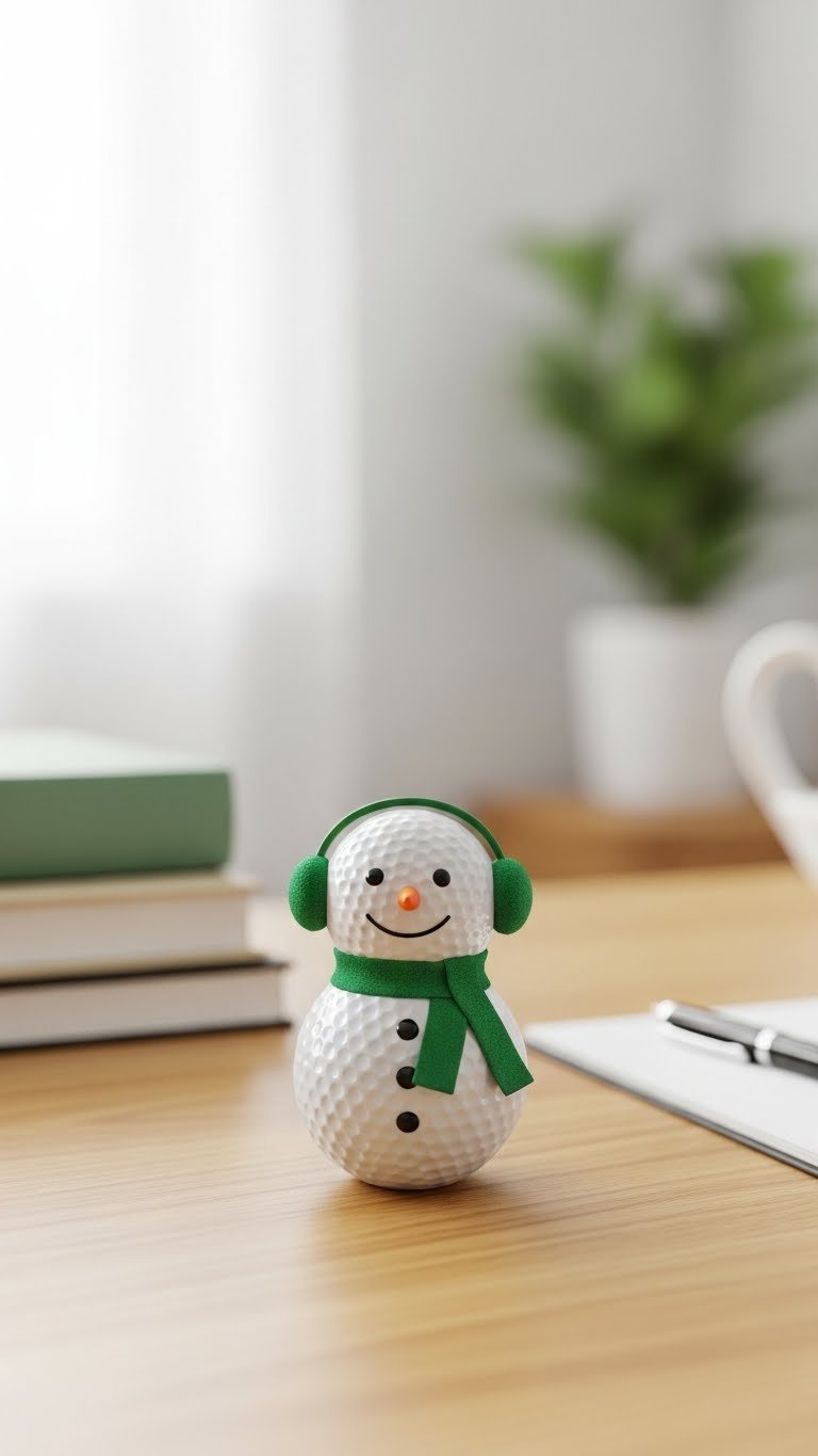 Two-Tiered Golf Ball Snowman Desk Decor With Green Scarf And Earmuff Headband On Minimalist Wooden Office Desk
