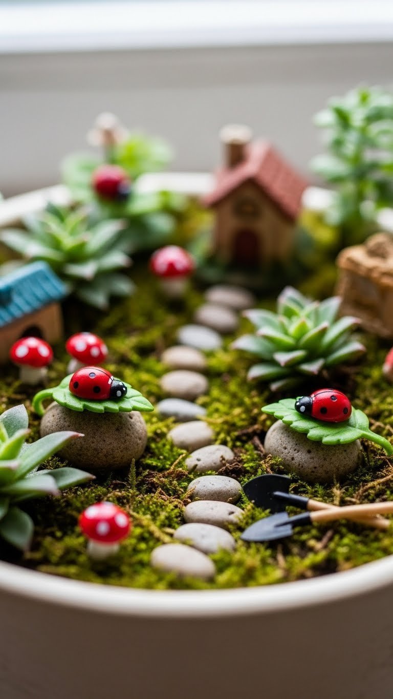 Two Tiny Red Golf Ball Ladybugs Among Miniature Plants And Stone Pathways In A Serene Fairy Garden, Adding Whimsical Charm.