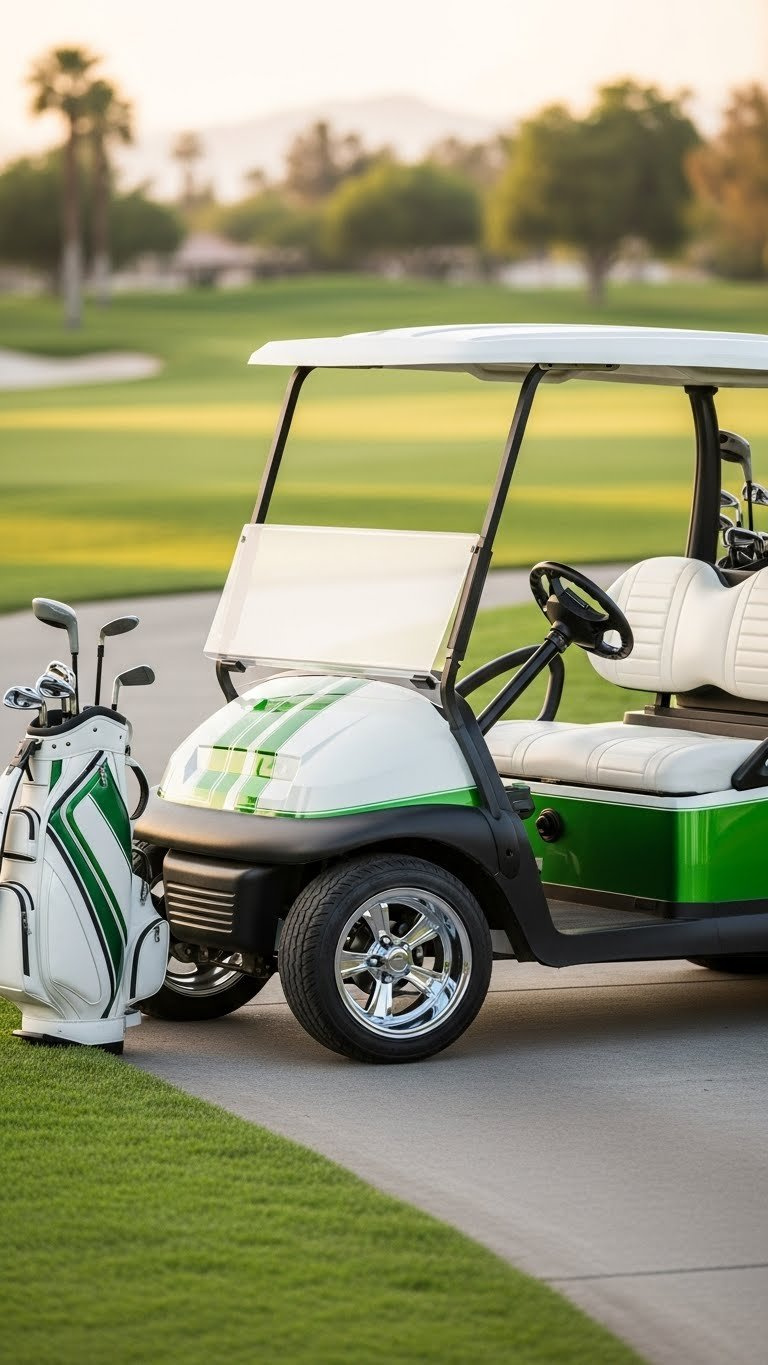 Two-Tone White And Metallic Green Customized Golf Cart Parked On Manicured Golf Course Path