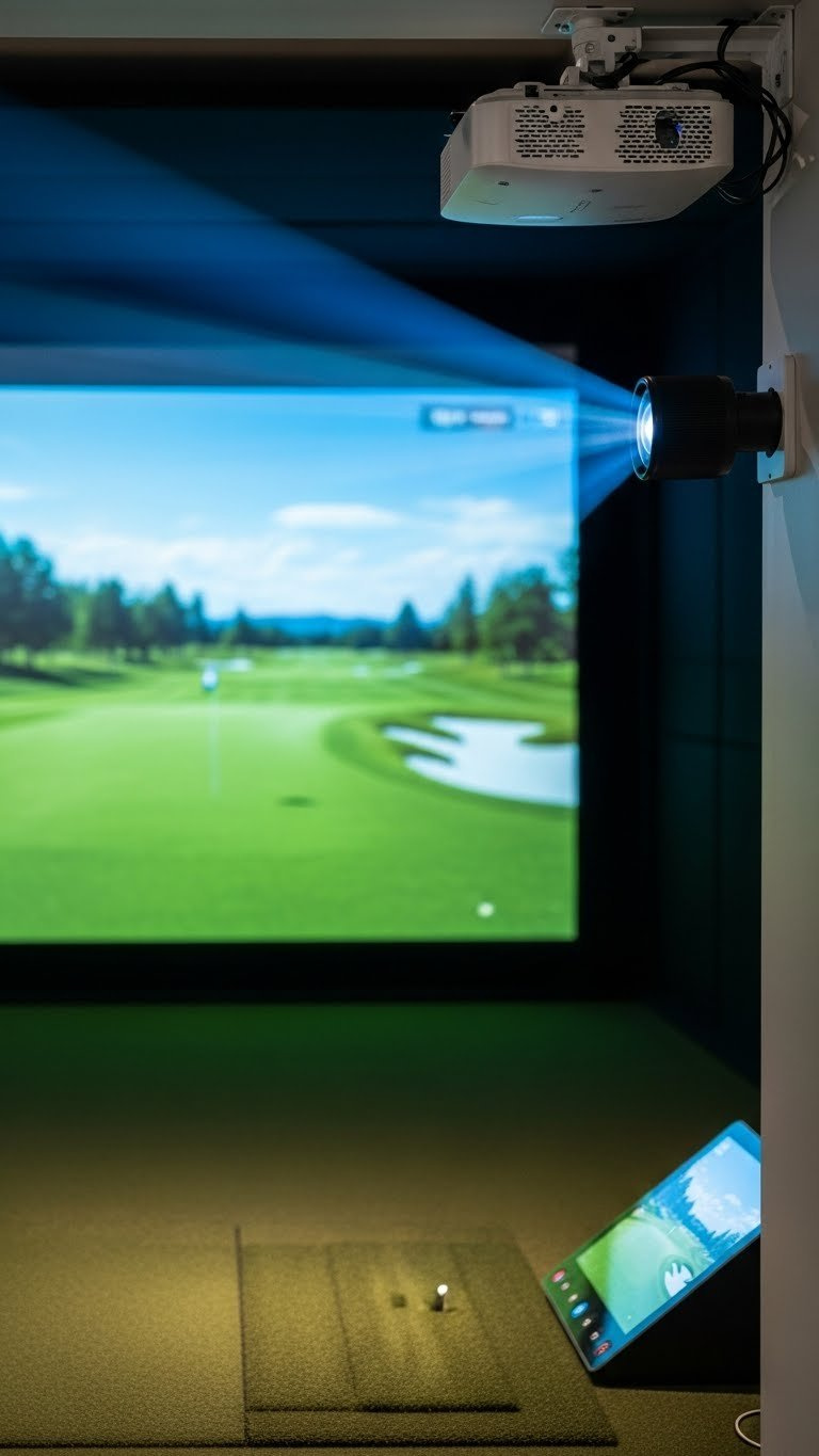 Ultra-Short Throw Projector Casting Vibrant Golf Course Image Onto White Impact Screen In Sleek Simulator Room