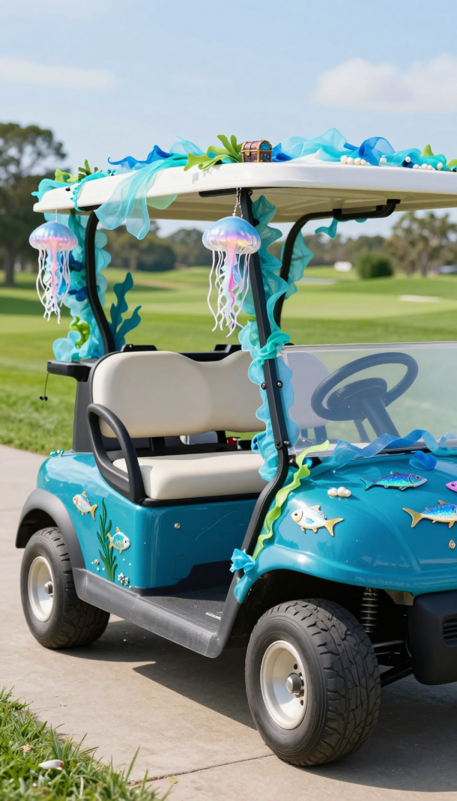 Under The Sea-Themed Golf Cart With Blue Tulle, Fish Cutouts, And Hanging Jellyfish Figures On Sunny Day