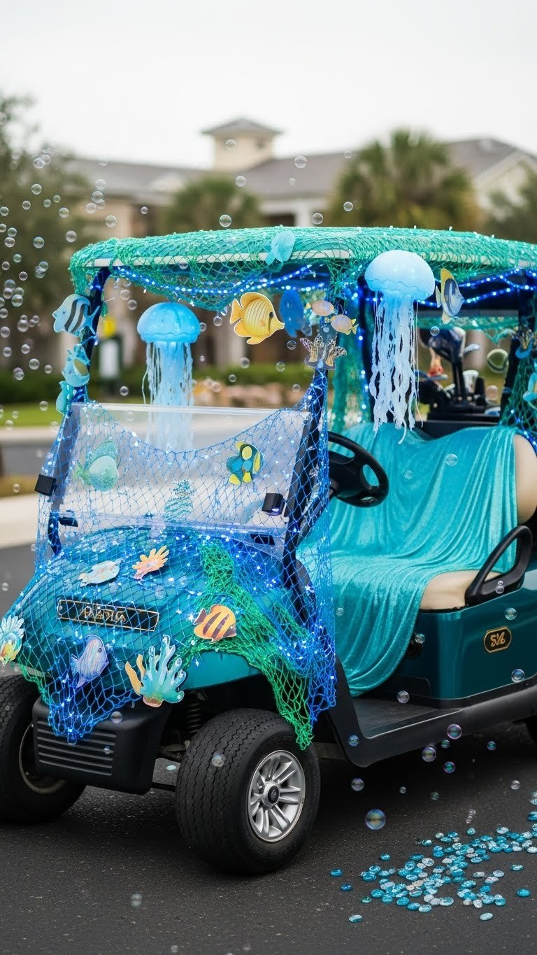 Underwater Adventure Themed Golf Cart With Led Lights And Marine Decor On Paved Street