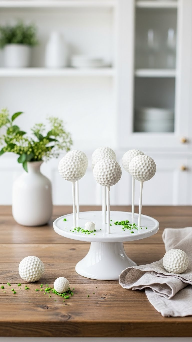 Uniform Golf Ball Cake Pops Displayed Upright In White Cake Pop Stand On Rustic Wooden Table