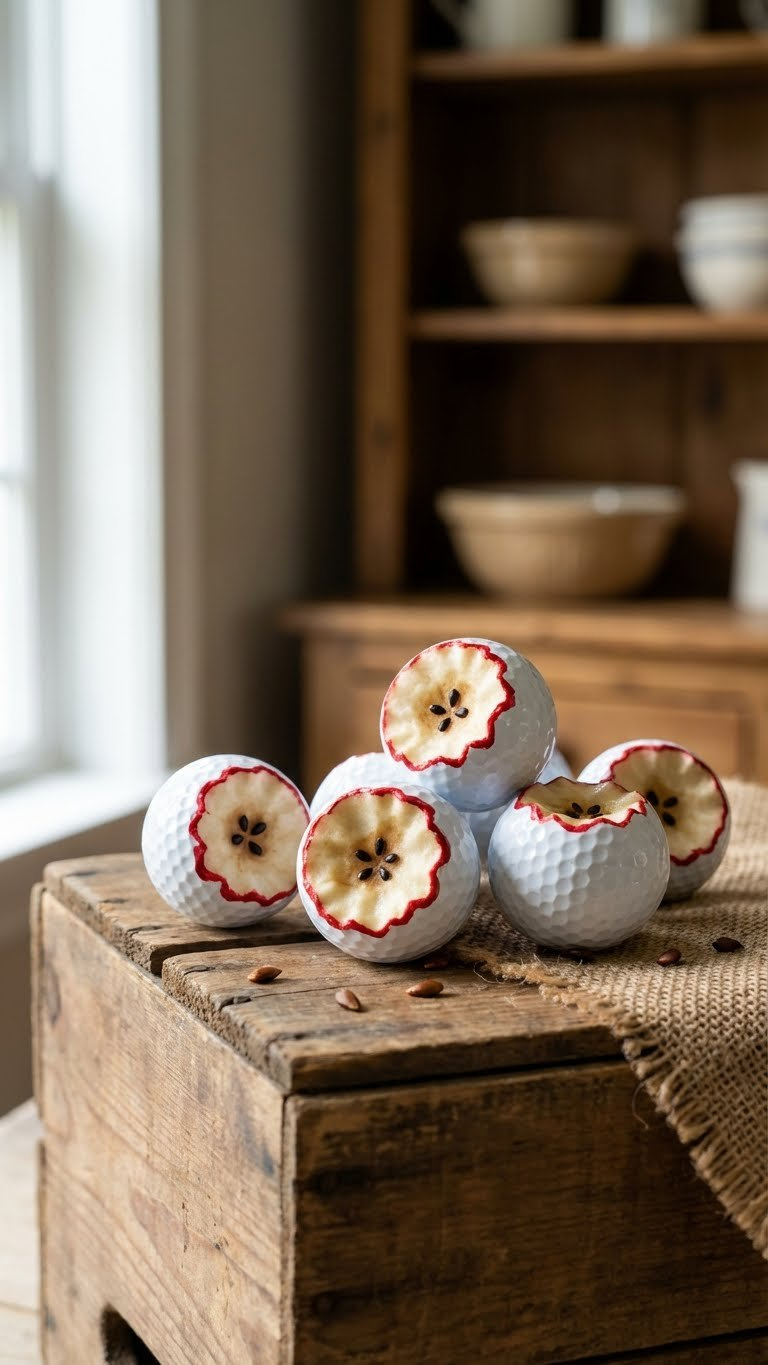 7 Creative Fruit Golf Ball Crafts: Easy Diy Ideas Unique Apple Core Golf Balls In A Vintage Wooden Crate With Scattered Seeds, Evoking A Cozy Farmhouse Kitchen Scene.