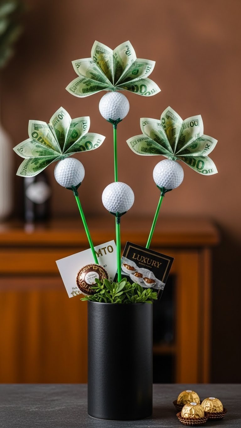 Unique Money Golf Ball Bouquet With Folded Currency And Golf Balls In An Elegant Dark Vase, Luxurious Gift.