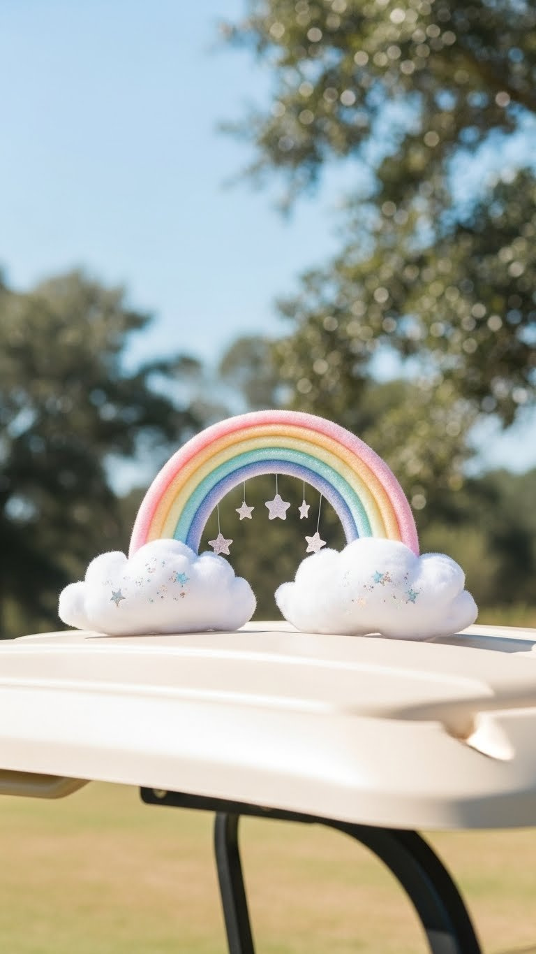 Upward View Of Golf Cart Roof With Pastel Cloud Canopy And Delicate Rainbow Arch Against Blue Sky
