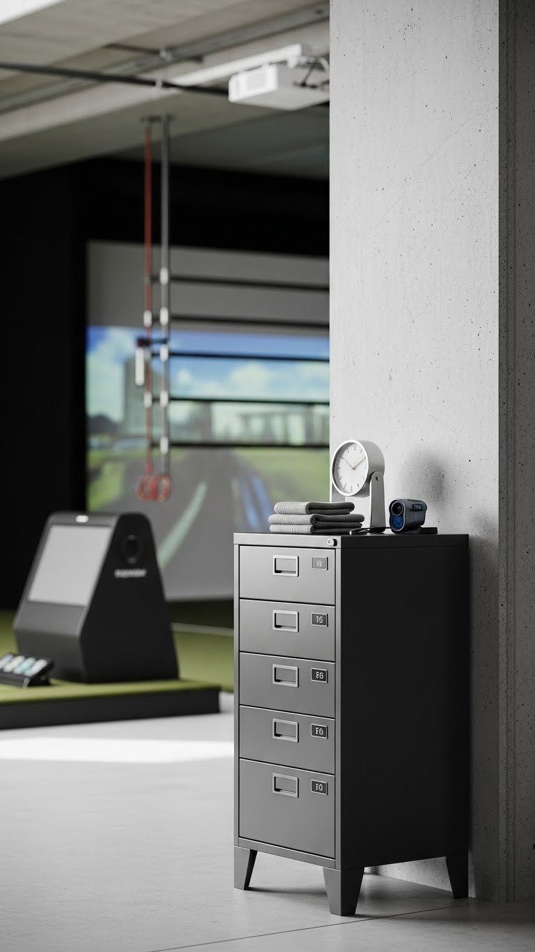 9 Essential Industrial Golf Simulator Room Ideas Utilitarian Metal Lockers Against Concrete Wall In Organized Golf Simulator Storage Area