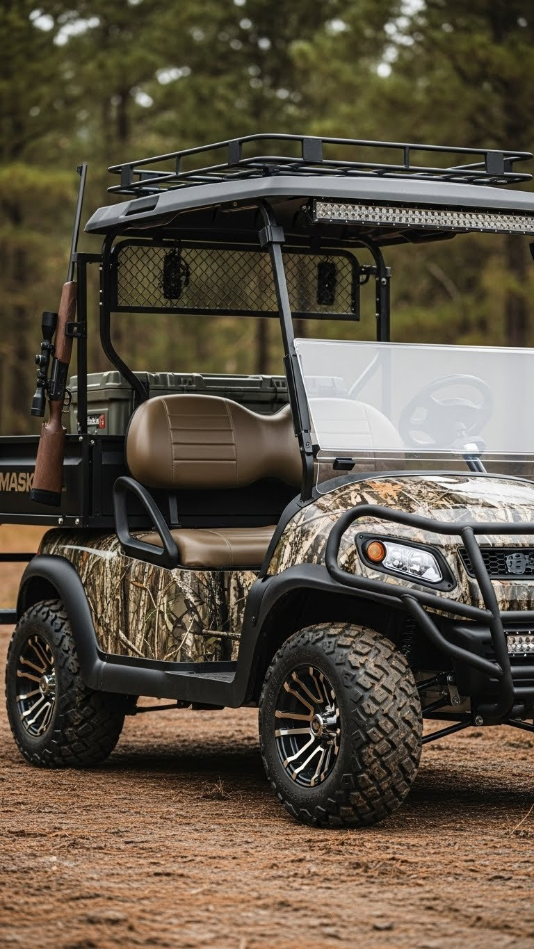 Utility Golf Cart With Cargo Bed And Camouflage Finish Positioned On Dirt Path In Rugged Outdoor Setting