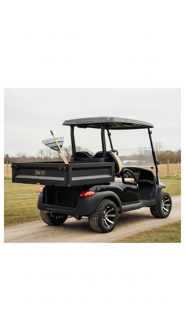 Utility Golf Cart With Heavy-Duty Cargo Body Kit On Ezgo Txt Featuring Black Matte Finish On Farm Property Path