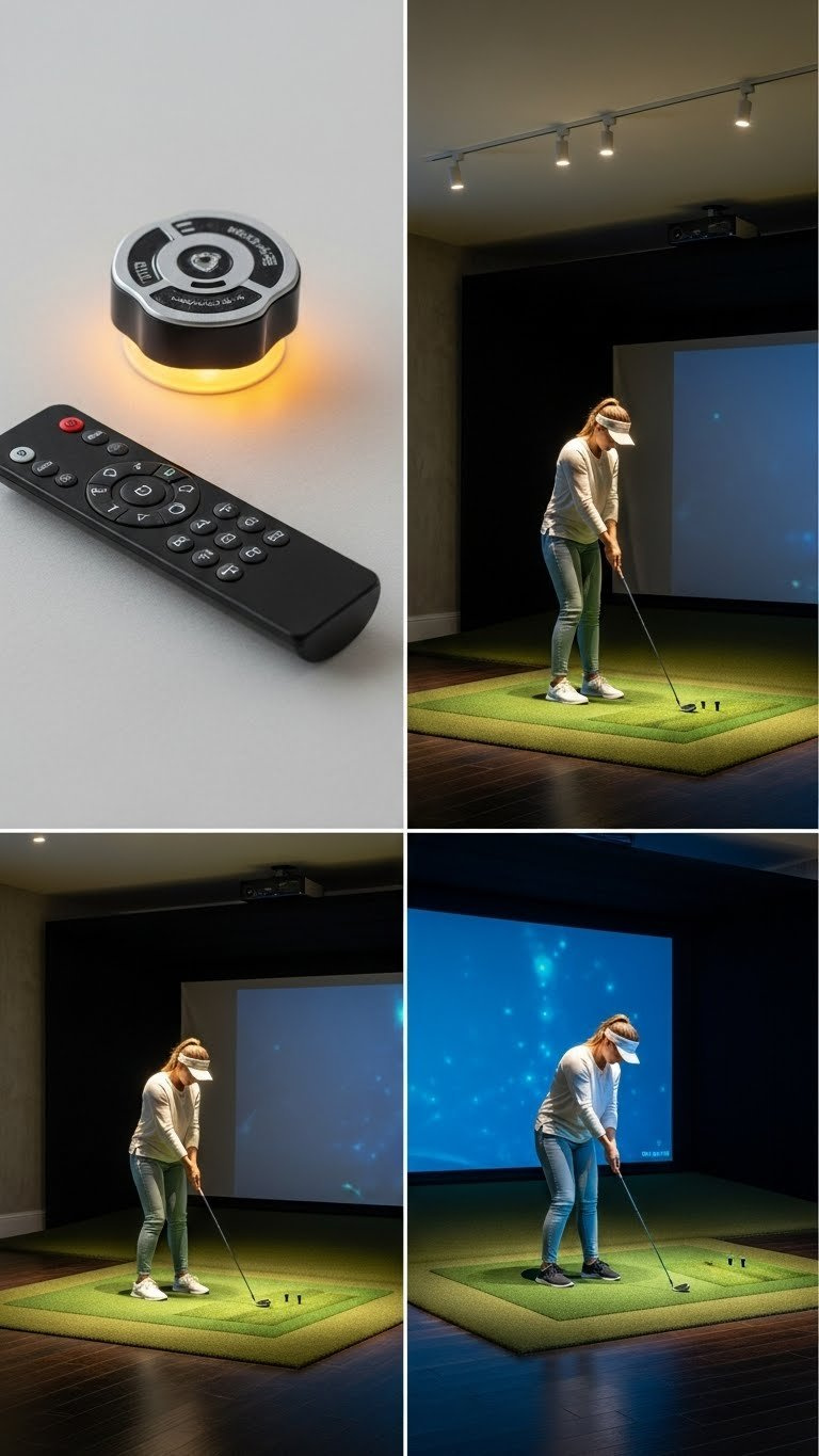 Versatile Lighting Setup With Recessed Leds And Dimmable Track Lights For Golf And Entertainment Modes
