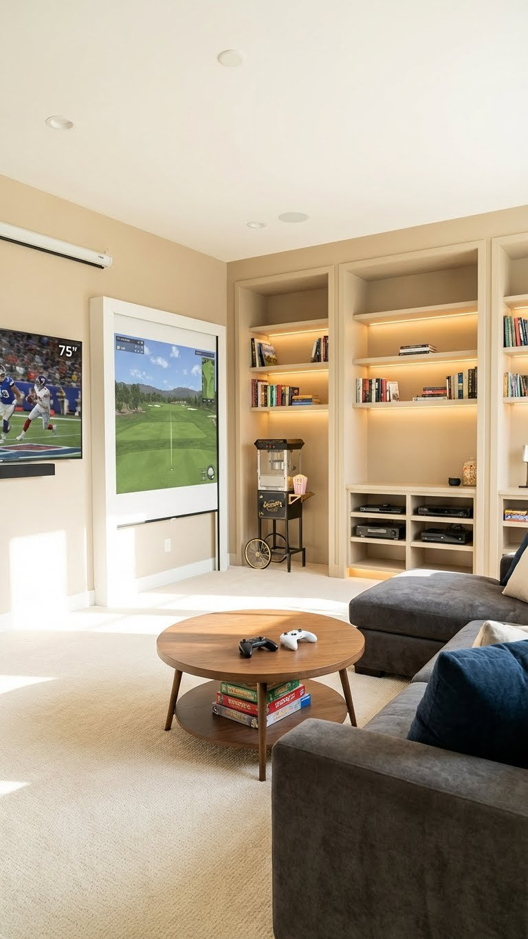 Versatile Multi-Purpose Golf Simulator Room Featuring A Large Screen, Comfortable Sectional Sofa, And Integrated Entertainment For Family Gaming And Media.
