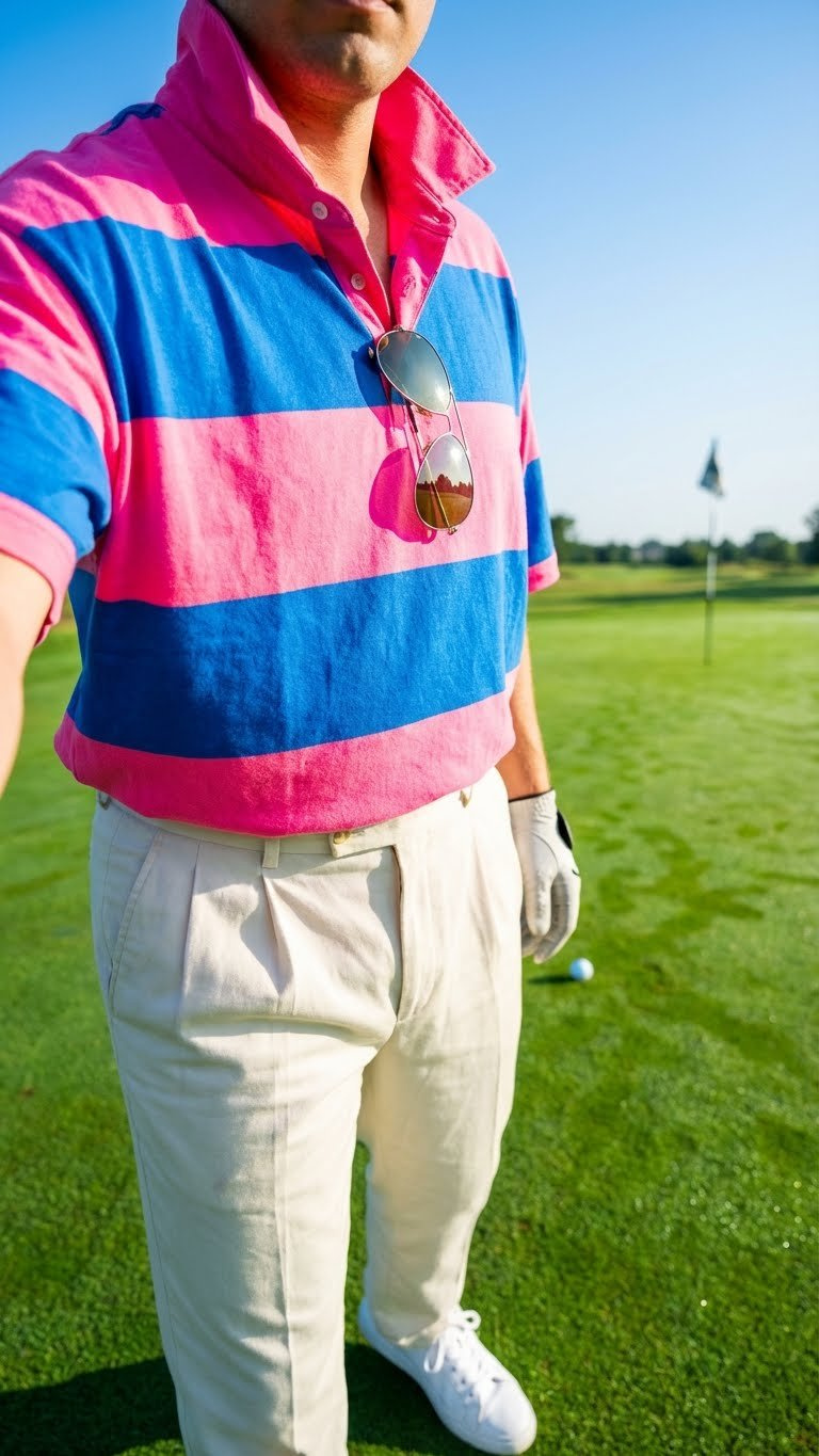 Vibrant 1980S Men'S Golf Attire: Neon Pink Polo With Popped Collar, Pleated Trousers On A Saturated Putting Green.