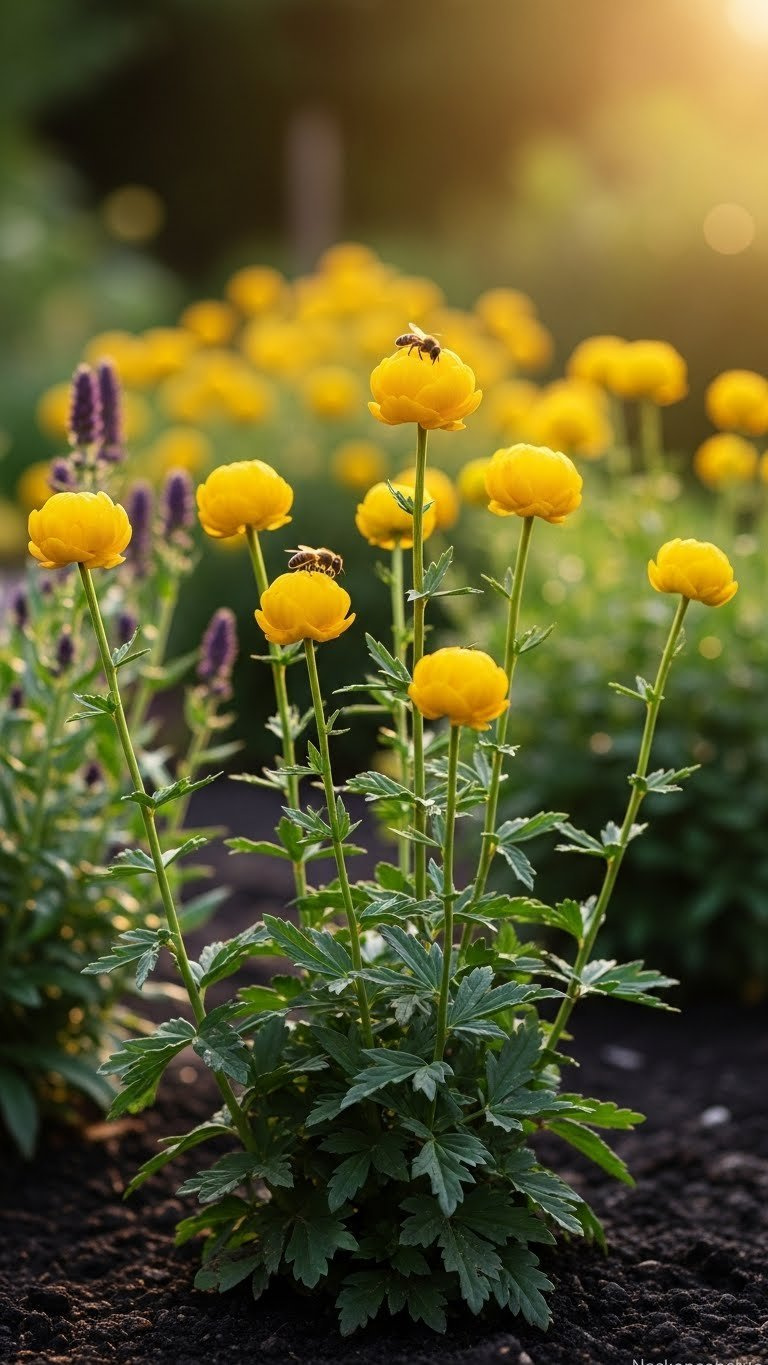 Vibrant Craspedia Globosa Yellow Ball Flowers Blooming In Sunny Garden Bed With Golden Hour Lighting
