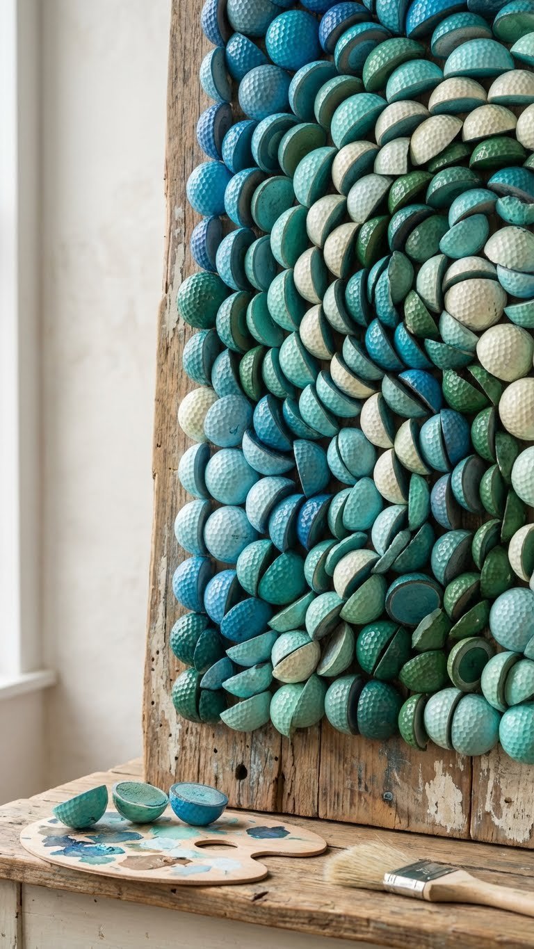 Vibrant Abstract Mosaic Wall Art Made From Halved Blue, Green, And White Golf Balls On A Rustic Wooden Panel.