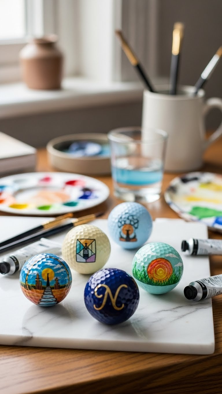 Vibrant Acrylic Painted Golf Balls With Custom Designs Arranged On Wooden Surface With Paint Brushes And Tubes