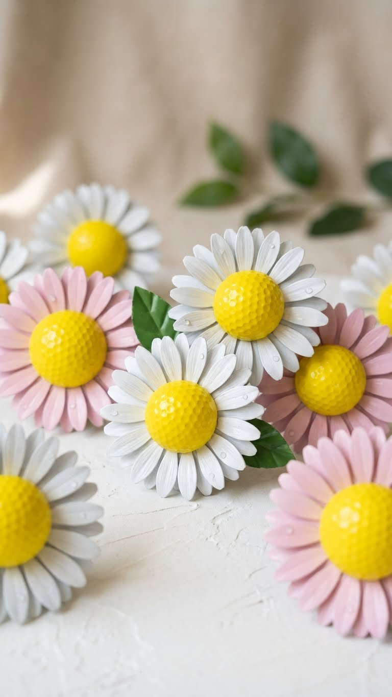 Vibrant Daisy Golf Ball Art Featuring Yellow Centers And White/Pink Petals, Arranged On A Clean White Background With A Small Green Leaf Accent.