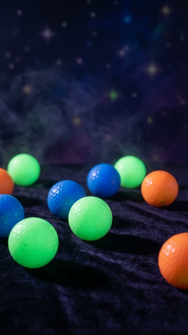 13 Golf Ball Crafts For Kids: Simple Diy Art &Amp; Play Vibrant Glow-In-The-Dark Golf Balls Scatter Across A Dark Starry Night Backdrop, Emanating A Soft, Magical Luminous Light.