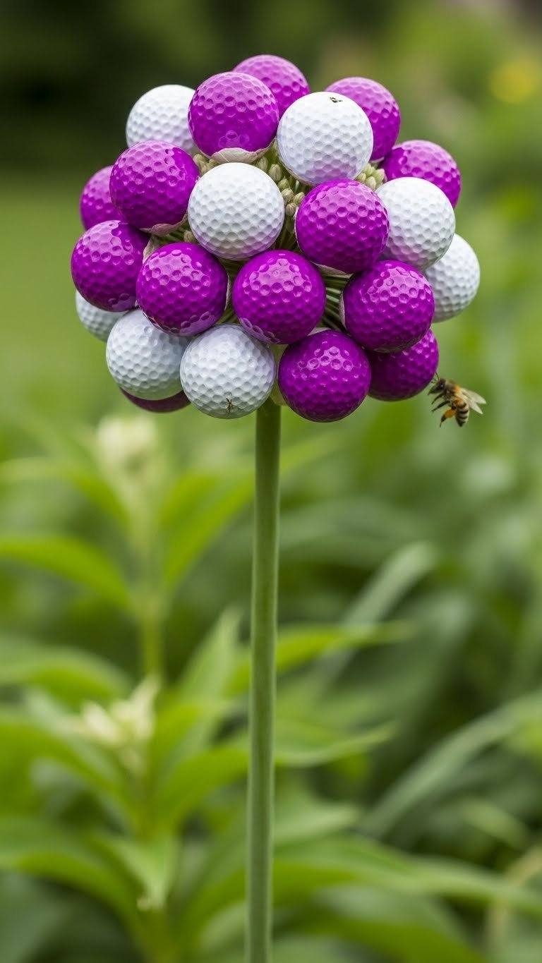 Vibrant Golf Ball Allium Flower Sculpture With Glossy Purple Balls Arranged In Spherical Cluster Amidst Lush Green Garden Foliage.