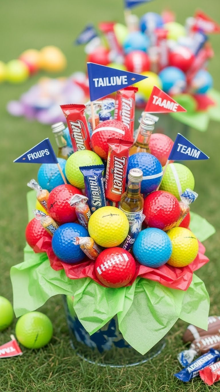Vibrant Golf Ball &Amp; Candy Bouquet, Colorful Golf Balls, Snacks In Bucket, On Green Turf With Flags, Festive Event.