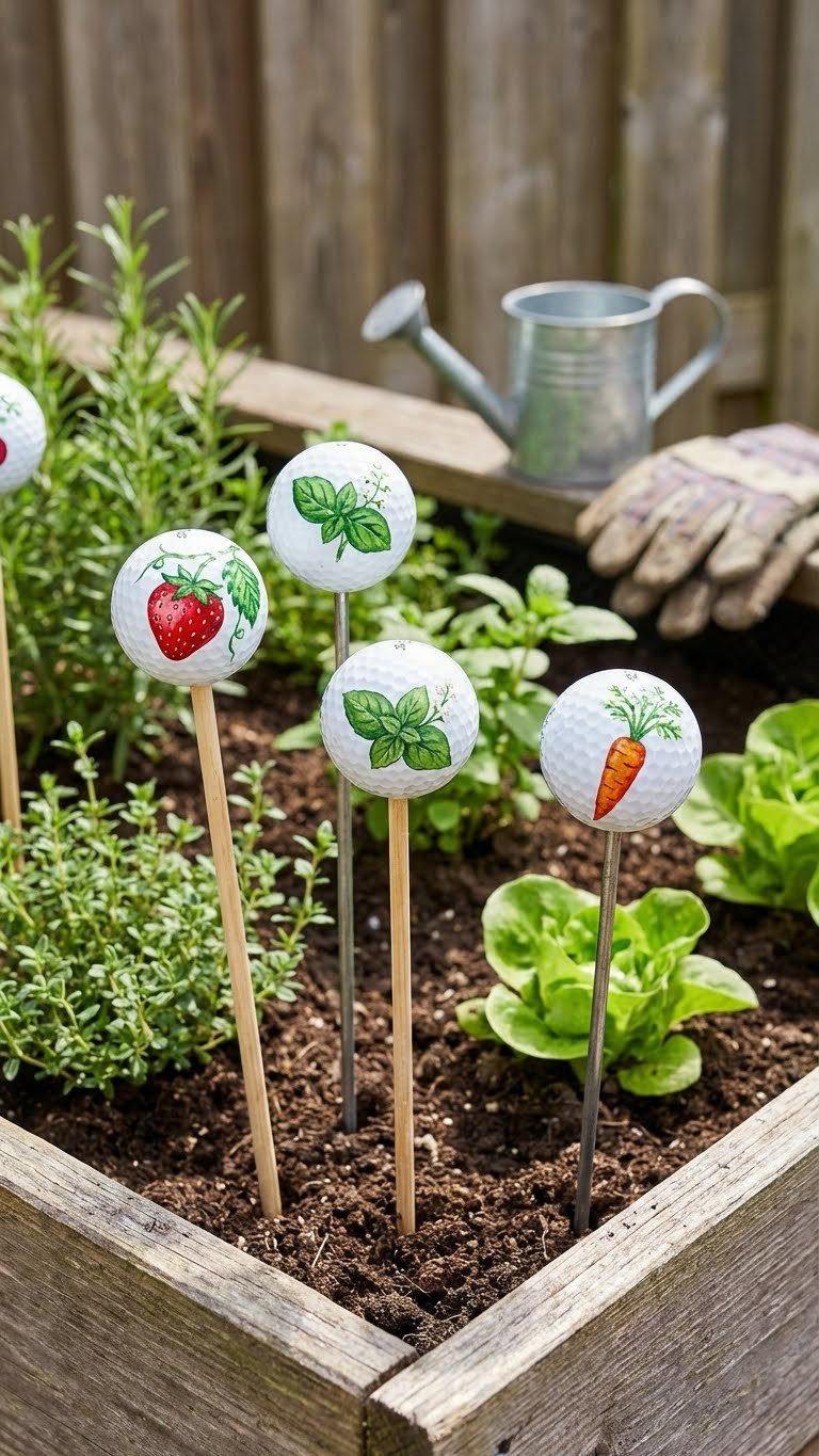 Essential Golf Ball Crafts: 13 Birthday Gifts That Impress Vibrant Golf Ball Garden Markers, Painted With Strawberry And Basil Designs, Stand In Rich Soil Amidst Green Plants.