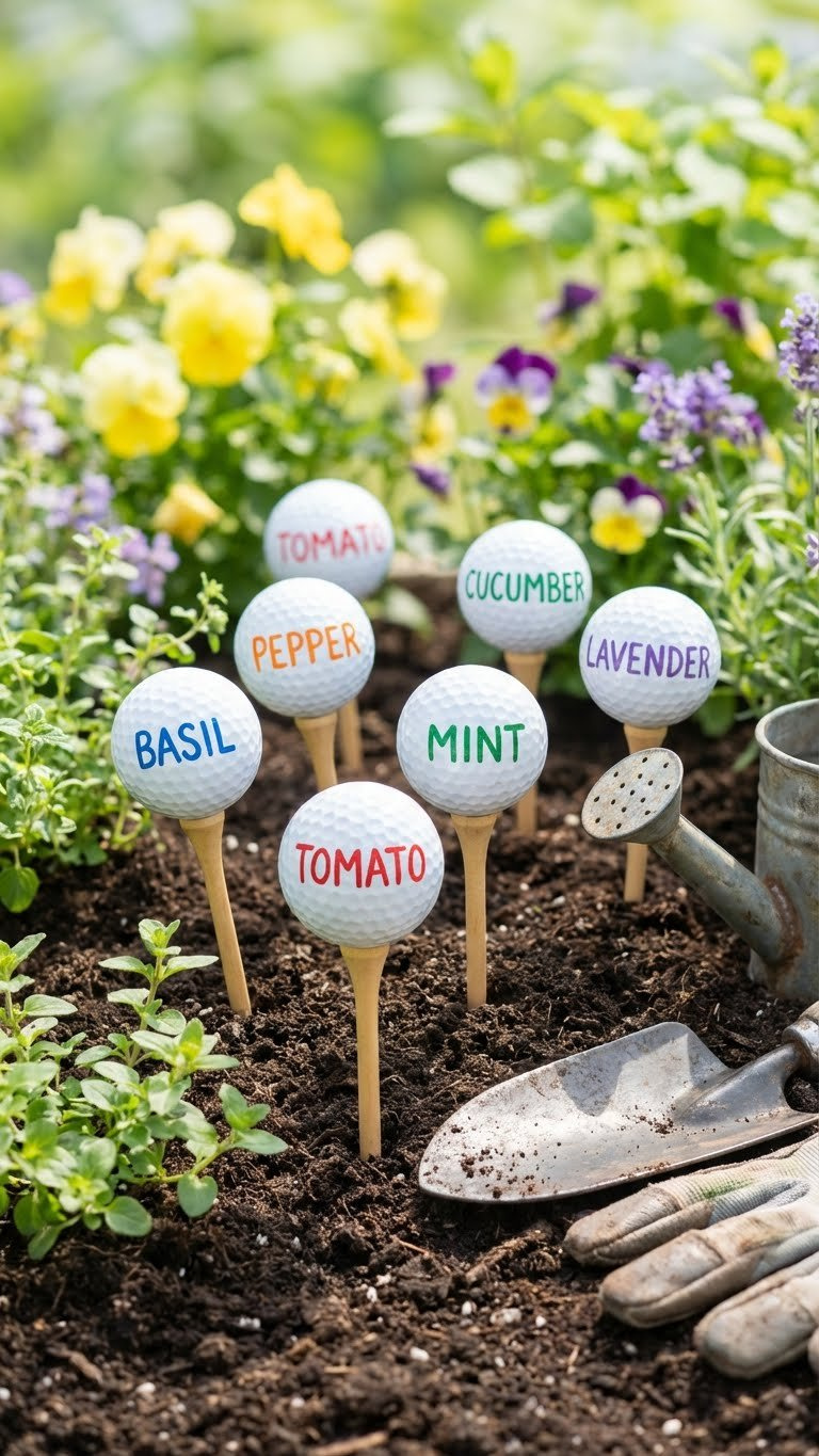 Vibrant Golf Ball Garden Markers With Plant Names On Golf Tees In A Lush Garden Bed With Gardening Tools And Herbs.