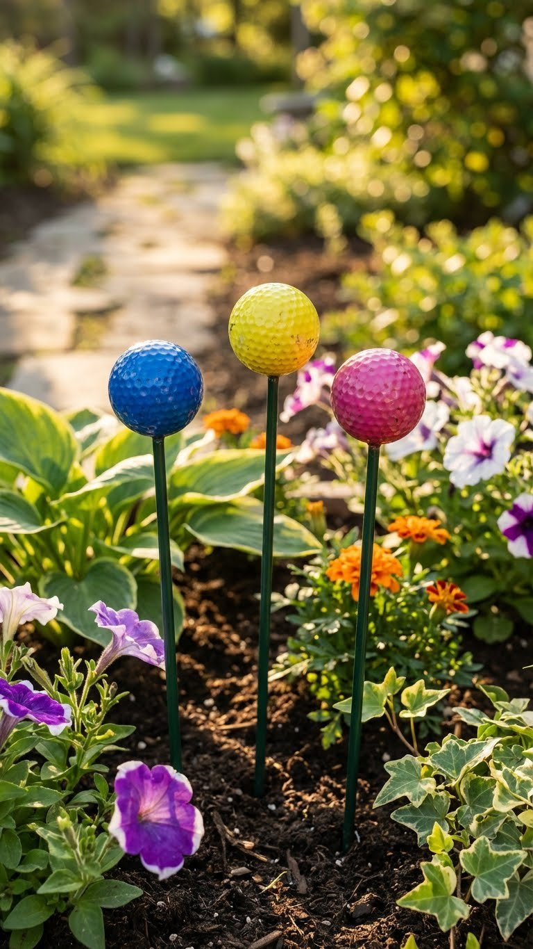 Golf Ball Crafts Projects: 7 Genius Upcycling Ideas Vibrant Golf Ball Garden Stakes In Blue, Yellow, And Pink Nestled Among Lush Flowers In A Sunlit Golden Hour Garden.