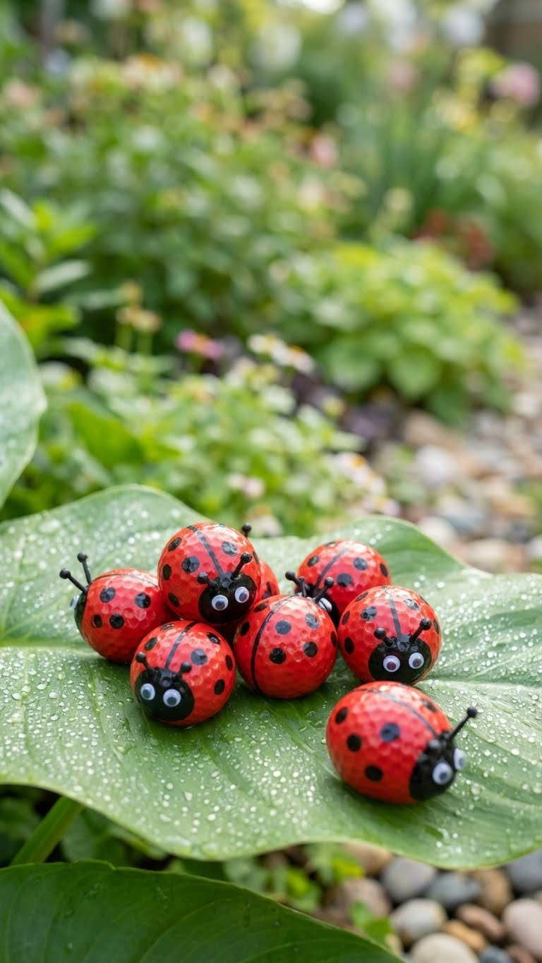 13 Golf Ball Crafts For Kids: Simple Diy Art &Amp; Play Vibrant Golf Ball Ladybugs With Googly Eyes Rest On A Dewy Green Leaf, Creating Cute Garden Art In A Bright Setting.