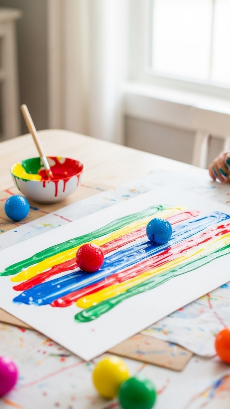 Vibrant Golf Ball Rolling Art Shows Dynamic Paint Streaks And Splatters On White Paper In A Crafting Area With A Toddler'S Hand.