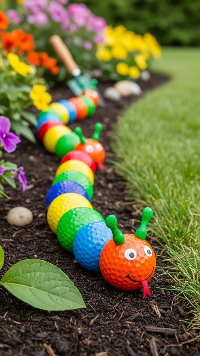 Golf Ball Upcycle: 11 Stunning Crafts &Amp; Garden Projects Vibrant Golf Ball Snake Garden Edging With Colorful Painted Balls Arranged Along Blooming Flower Bed In Bright Daylight.