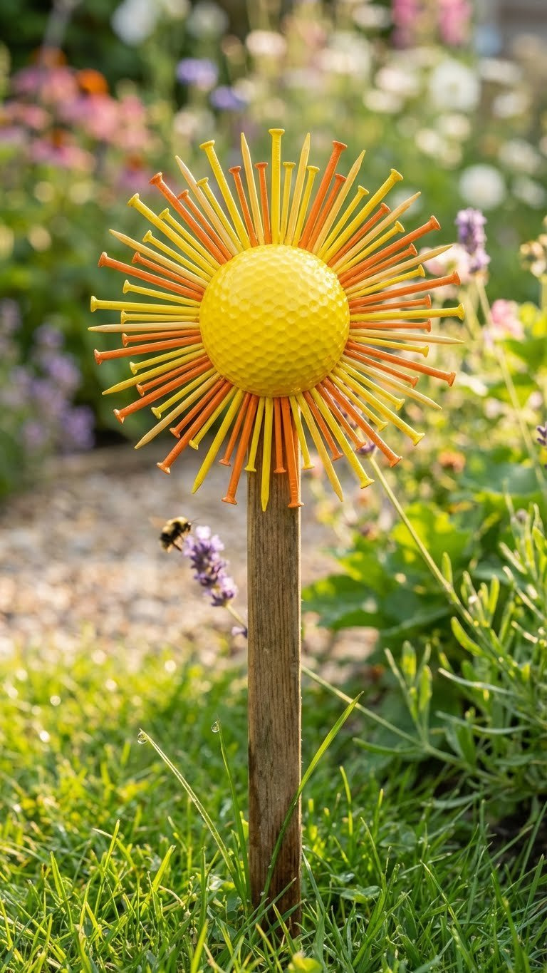 Diy Golf Ball Garden Art: 7 Easy &Amp; Unique Projects For Your Yard Vibrant Golf Ball Sun Decoration With Yellow And Orange Rays Shines Brightly In Green Grass Against A Blurred Garden Backdrop.