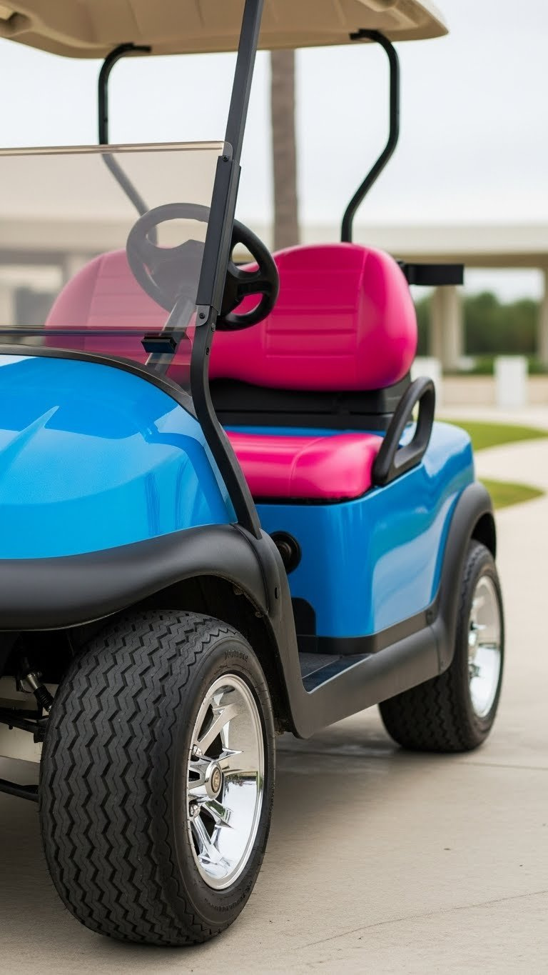 Vibrant Golf Cart Wrapped In Glossy Electric Blue Vinyl On Resort Pathway With Chrome Accents